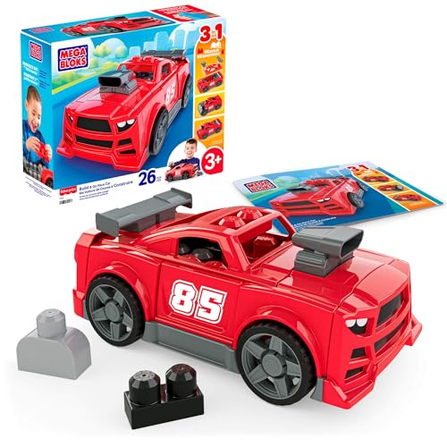 Mega BLOKS Juego de vehículo con Bloques para niños pequeños, Coche de Carreras 3 en 1, Apila y Juega, 26 Piezas y Ruedas funcionales, camioneta y Coche clásico Tipo “Hot Rod”, Rojo, JKG35