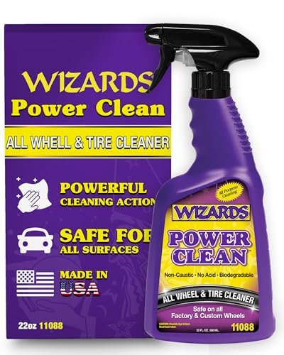 Wizards Power Clean Wheel and Tire Cleaner - Non Caustic and No Acid Biodegradable Interior Car Cleaner - Safe on All Kinds of Wheels - Dissolves Grease, Brake Dust and Road Grime - 22 oz