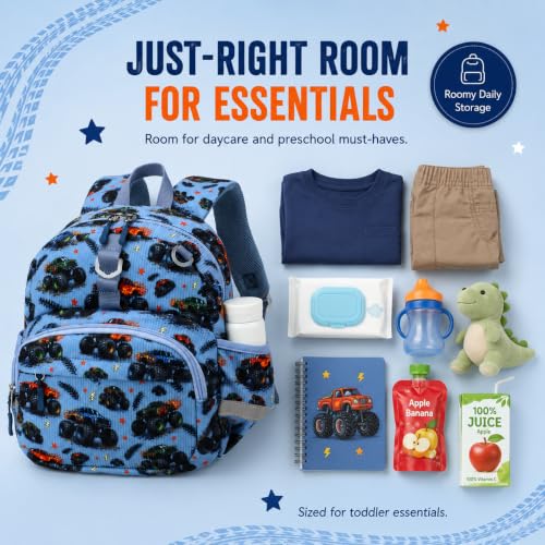 Image of LOIDOU Toddler Backpack for Boys Ages 2-4, 12 Inch Mini Preschool Daycare Bookbag with Insulated Snack Pocket, Corduroy Small Kids Travel Backpack with Chest Strap, Blue Car