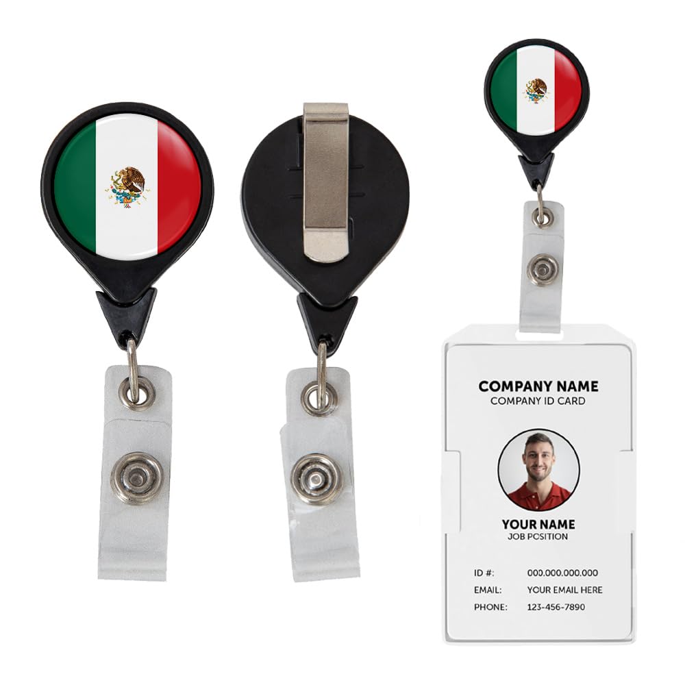 Desert Cactus Country of Mexico Flag Retractable Badge Holder ID Reel with Ticket Clip for Lanyard, Work, School & Office Access
