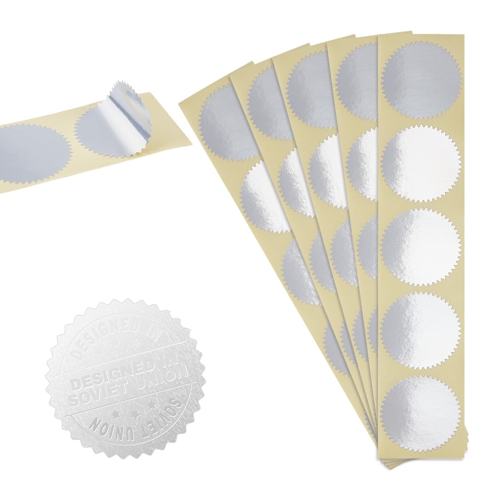 UNICRAFTALE 350Pcs Embossing Blank Sticker Metallic Scallop Edge Stickers Self Adhesive Silver Certificate Seals Embossed Foil Sticker Sealing Stickers for Embosser Stamp Wine Bottle Weddings