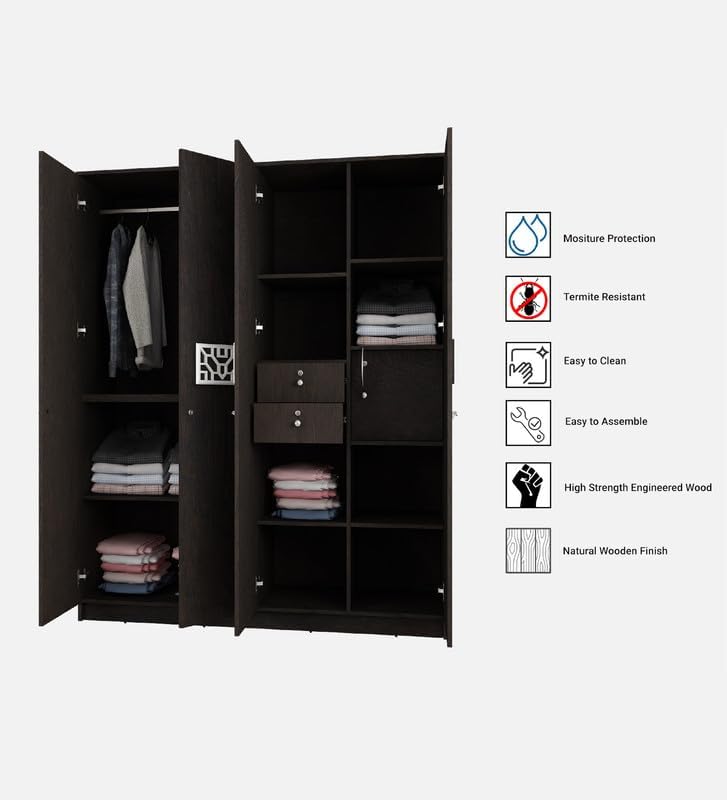 Image of Castle Multipurpose 4-Door Wardrobe | Engineered Wood | Spacious Closet Storage | Dark Wenge Finish | Sturdy & Durable | Easy Knock-Down Assembly