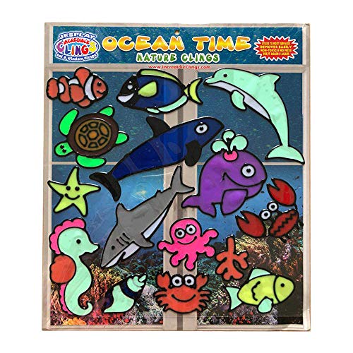 Jesplay USA Ocean Time Gel Window Clings for Kids - Sea Window Stickers, Under Water Life Decals, 15 Reusable Polyvinyl Chloride Stickers - Home Car Plane Activities