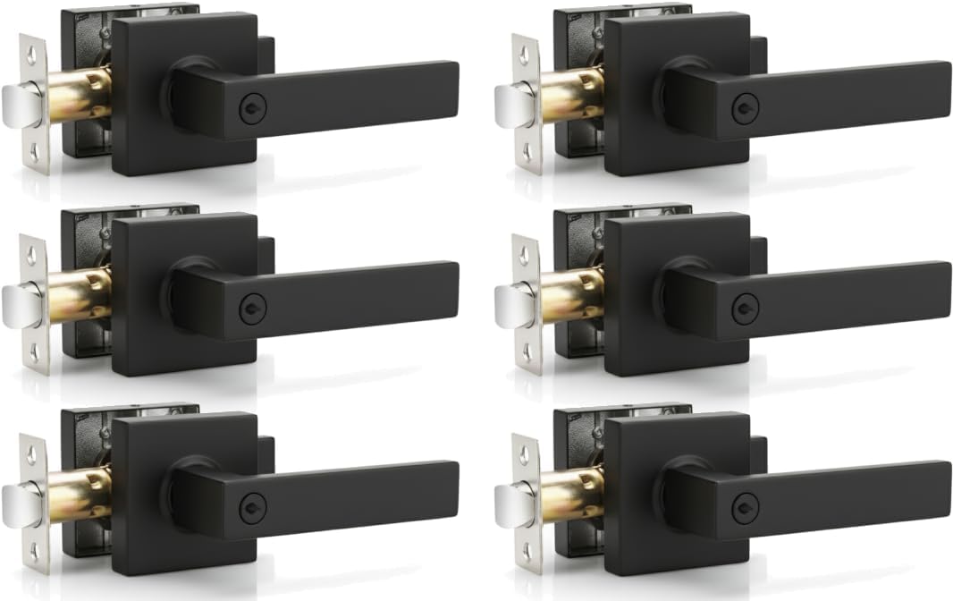 Black Door Lever with Lock for Bedroom Bathroom, Square Modern Design Privacy Door Handle Set, Matte Black Interior Door Knob with Turn Lock, Reversible for Left Right Hand, 2 Keys, Pack of 6