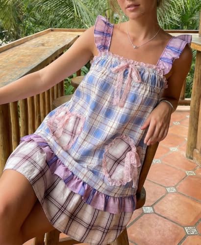 Image of Women Tie Shoulder Mini Dress Floral Ruffle Babydoll Dress Boho Square Neck Sundress Cute Summer Dresses