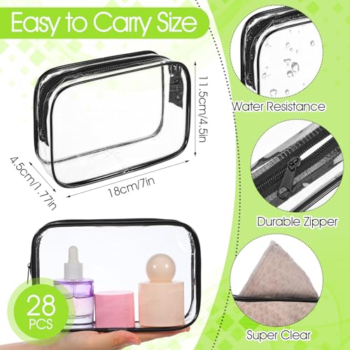 28Pcs Clear Cosmetic Makeup Bags with Zipper, Small Waterproof Toiletry Bag, Clear Travel Bags for Toiletries, PVC Transparent Plastic Organizer Case for Women Men (Black Border 7x4.5x1.7Inch)2