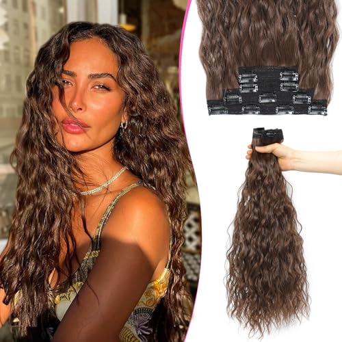 Megito 4Pcs Clip in Hair Extensions 20inch Seamless Soft Lace Weft Hair Extensions Clip ins Thick Mermaid Curly Clip in Daily Wear Synthetic Hairpieces for women(Chestnut Brown)