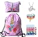 Unicorn Gifts for Girls - Unicorn Drawstring Backpack/Makeup Bag/Bracelet/Inspirational Necklace/Hair Ties (Pink Flower)