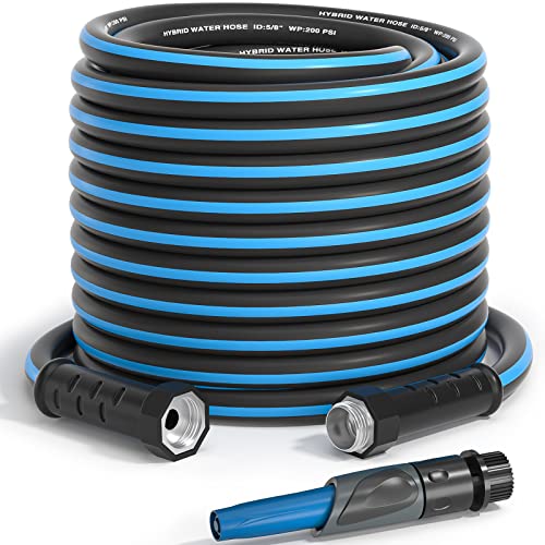Greener Heavy Duty Garden Hose 100Ft, 5/8" Flexible Hybrid Rubber Hose, Kink-Resistant Water Hose With Leakproof Swivel Grip, 3/4In Solid Fittings And Functional Nozzle, For Outdoor Garden Lawn,Blue #TOP8