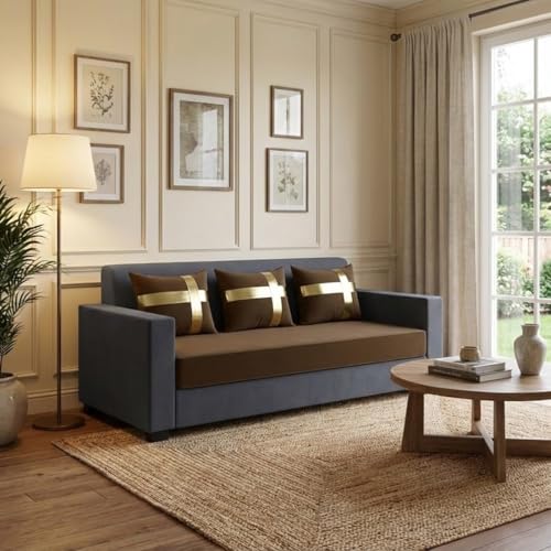 Image of FURNY Leximus 3 Seater Fabric Sofa Set (Brown-Light Grey) Premium Velvet Finish | Durable & Comfortable | Ideal for Living Rooms