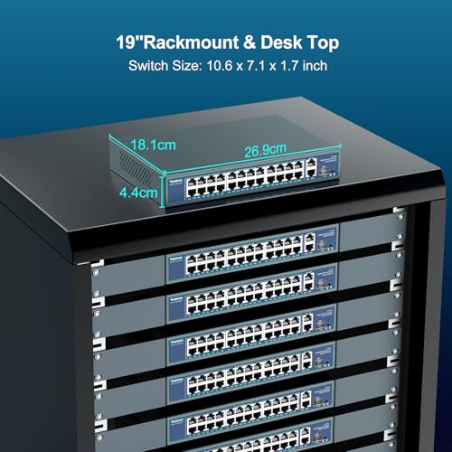 Image of 24 Port Unmanaged Gigabit PoE Switch, YuanLey 27 Port Gigabit PoE Switch with 2 Uplink & 1 SFP, Rackmount, Built-in 400W Power, 802.3af /at Compatible, Plug and Play, One-Key VLAN, Metal Housing