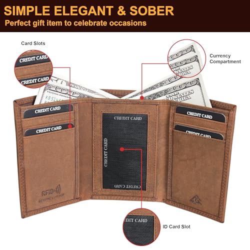Image of ASAD Leather Slim Everyday Trifold Wallet with ID Window and Multiple Card Slots | Genuine Leather Double Stitched RFID Blocking Stylish | Gift for Him | Brown Crazy Horse American Flag Design