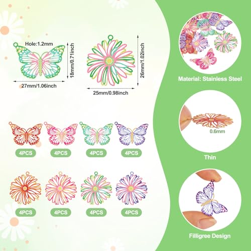 Spritewelry 32Pcs Stainless Steel Pendants Colorful Flower Butterfly Filigree Charms Hollow Metal Embellishments Hanging Ornaments for Jewelry Making - Image 3