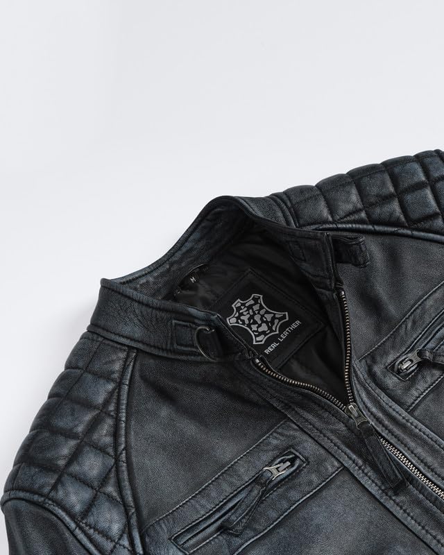 Image of Blingsoul Men's Leather Motorcycle Style Jacket - Quilted Cafe Racer Biker Style Jacket for Men