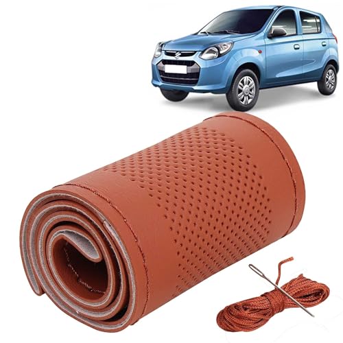 Image of KINGSWAY PU Leatherite Car Steering Cover Sewable Compatible with Maruti Suzuki Alto 800 (Year 2012 Onwards), Tan Color with Tan Thread, Pack of 1 with Sewing Needle and Thread