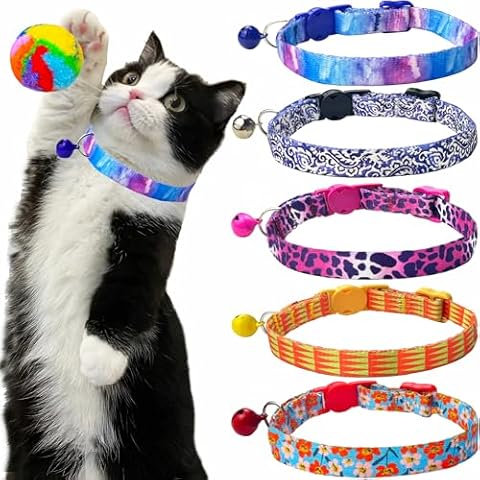 TEEMERRYCA 5 Pack Cute Comfy Breakaway Cat Collars with Bell, Including a Cat Toy Plush Ball as Gift, Lightweight Vibrant Patterns Printed Nylon Kitten Collar with Safety Clasp for Girl Boy Cats Cover