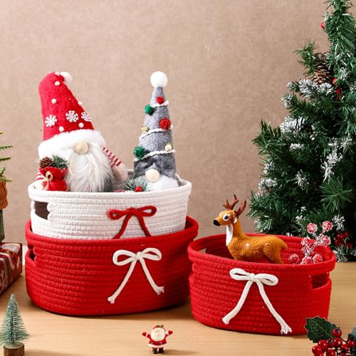Image of Breling 3 Pieces Valentine's Day Gift Basket Coquette Bow Laundry Hamper Cotton Rope Storage Woven Rope Bin with Handles for Decoration Organization Storage for Nursery, Pet Toy Basket(Red, White)