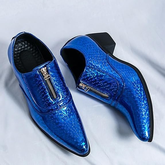 Men's Pointed Toe Chunky Heels Chelsea Dress Oxford Shoes Fashion Print Front Zipper Slip on Loafers Casual Wedding Faux Patent Derby Shoes3