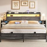 Unikito Queen Bed Frame with Bookcase Storage Headboard and LED Light, Queen Size Bed with Slide Bedside Cabinet and Charging Station, Black