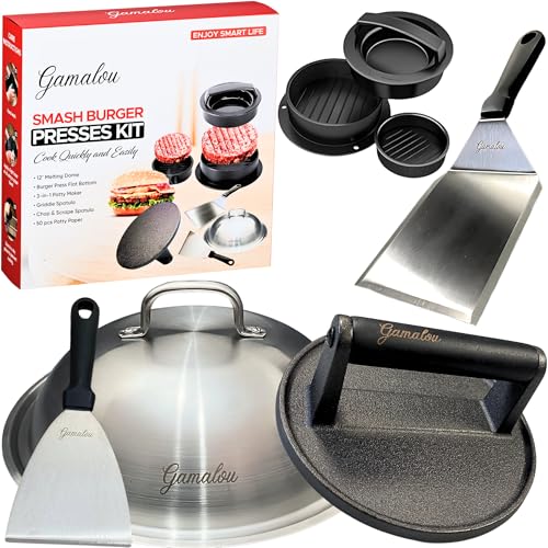 Gamalou Smash Burger Press Kit: 7 Cast Iron Grill Press 12 Melting Dome 3-in-1 Patty Maker 4.3 Spatula & 4 Scraper Griddle Accessories for Blackstone Grills Flat Top BBQ Fry Pan