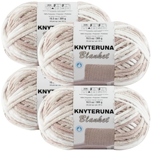 Image of #6 Super Bulky Blanket Yarn for Crocheting - 4 Skeins(Each 10.5oz /300g, 220yds /201m), Chunky Chenille Thick Plush Big Soft Yarn for Crocheting Knitting Blankets, White & Khaki & Beige