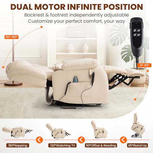Image of Dual Motor Power Lift Recliner Chair, PU Leather Lay Flat Lift Chair for Elderly with Massage & Lumbar Heating, Extended Footrest, USB Charging, Remote Control, Removable Lumbar Pillow, Biege