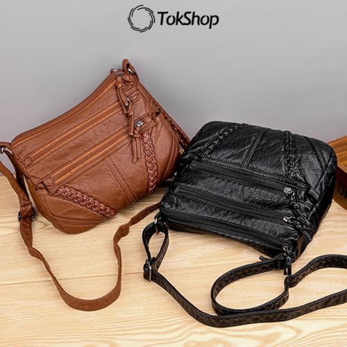 TOKSHOP Bolsa Feminina Transversal em Couro PU Premium com Várias Divisórias (Marrom)