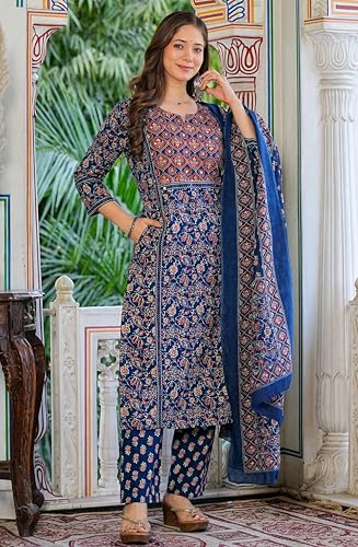Image of Amayra Women's Pure Cotton Printed Straight Kurta Set with Palazzo Pants & Dupatta|Ethnic wear|Kurti Suit Set for Women