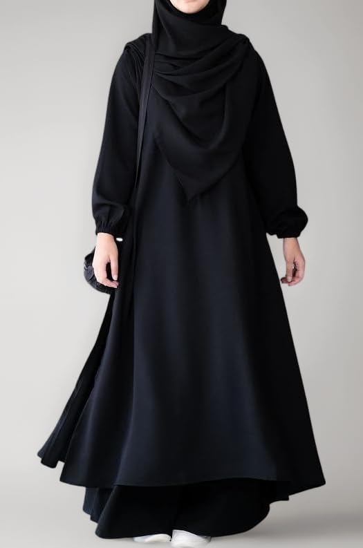Two Pieces Abaya Dress with Elasticated Sleeves made with Nida Matte Fabric - Knee length Burqa for Women and Girls