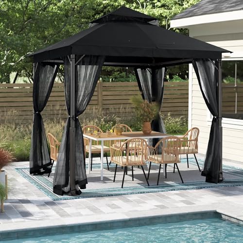 Image of MASTERCANOPY 9x9 ft Stable Patio Gazebo with Netting Walls, Dark Black