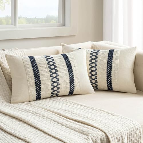 Image of MIULEE Set of 2 Navy Blue Boho Decorative Lumbar Pillow Covers 12x20 Inch | Farmhouse Couch Throw Pillows Modern Cotton Cushion Covers Macrame Woven Spring Decor for Bed Sofa Chair