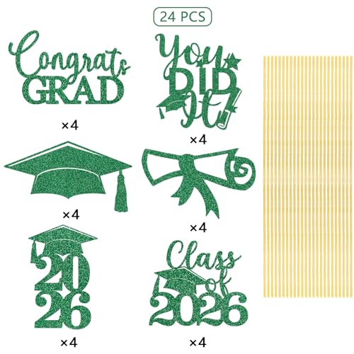 Image of Graduation Centerpiece Sticks 24PCS Glitter Grad Picks Party Table Decor Senior High School College Sign Green