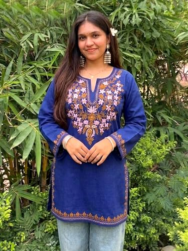 Image of GoSriKi Short Kurti for Women Viscose Embroidered | Kurti for Woman Regular Fit | Round Neck V Slit Full Sleeve Stylish Ladies Top Ethnic Wear Womens Clothing Trendy Kurta Tops