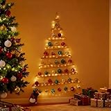 SOONOW 44" Wall Hanging Christmas Tree with Remote LED Lights and 36 Ornaments, Lighted Wood Christmas Tree for Living Room, Bedroom Holiday Wall Decor