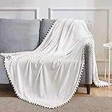 BEAUTEX Fleece Throw Blanket with Pompom Fringe, White Flannel Blankets and Throws for Couch, Super...