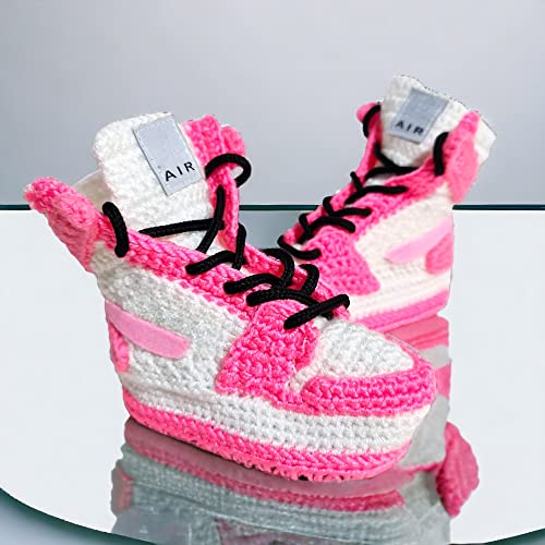 Handmade Pink Crochet Baby Sneaker Slippers, Jordans-Inspired Design, Newborns & Toddlers, Customizable Gifts, Walker Soft Plush Shoes4