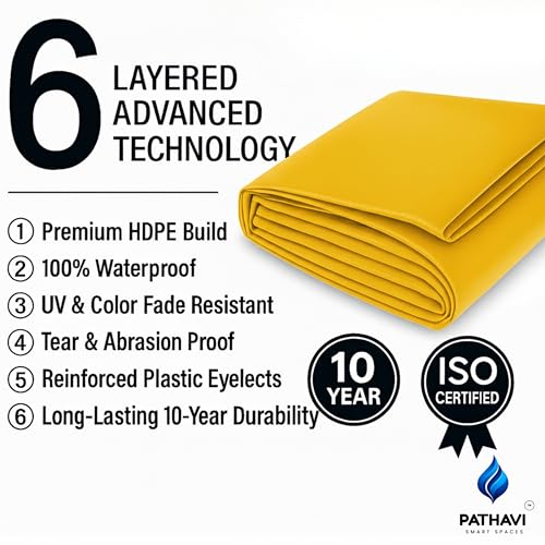 Image of Premium 9x6ft Yellow Tarpaulin, Thadika, 120 GSM Virgin Tharpai Sheet, Heavy Duty Waterproof Tadpatri Cover with Reinforced Eyelets & UV Protection, Ideal for Trucks, Farms, HomeUse, 1 Sheet