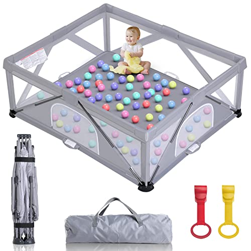 Image of GENTEACO Foldable Baby Playpen, Extra Large Play Pen for Babies and Toddlers, Baby Fence Play Yard, Safety Kids Portable Playpin Indoor&Outdoor (59"×71") Grey