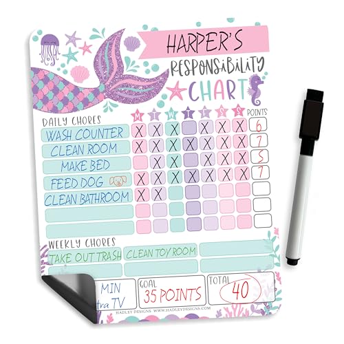 Image of Magnetic Chore Chart for Kids Dry Erase Reward Chart for Home and Classroom | Mermaid Reusable Behavior Charts for Kids at Home and School, Weekly Magnet Responsibility Tracker for Teens and Adults