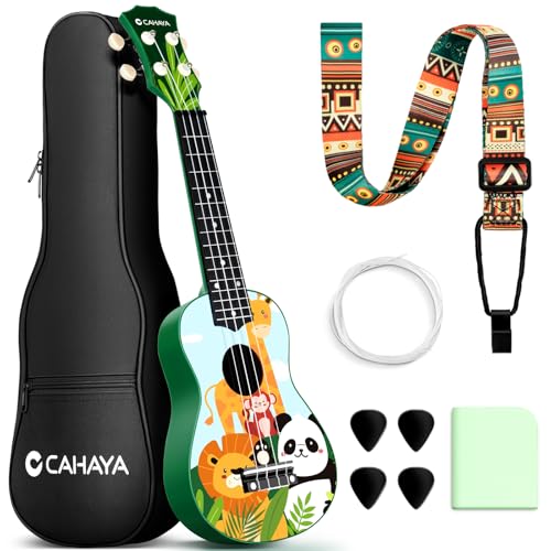 CAHAYA Soprano Ukulele Beginner Kit: 21-Inch Ukulele Cartoon-Themed with Gig Bag Shoulder Strap and Fretboard Stickers for Kids Adults Hawaiian...
