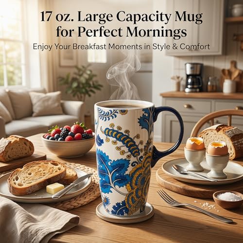 Taza de viaje cerámica 17oz con tapa diseño floral azul miniatura 2