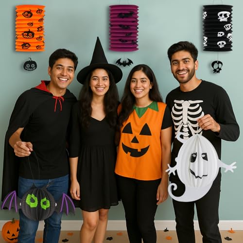 Image of Party Propz Halloween Decoration - 5 Pcs | Paper Bat | Small Paper Lanterns | Paper Ghost Small | Halloween Decor | Halloween Decorations | Halloween Accessories Adults