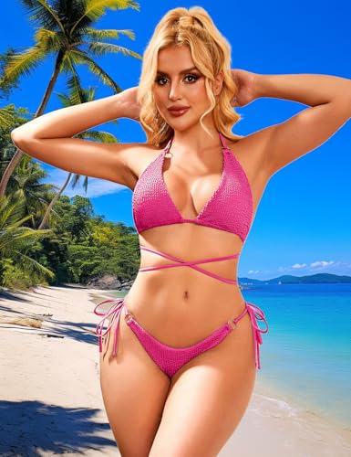 Image of Women Bikini Set Metal Ring Two Piece Swimsuit | Various Wear Way,High Elasticity Breathable Fabric,Cross Strap Design Bathing Suit Swimwear