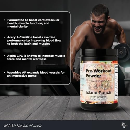 Image of Santa Cruz Paleo Pre Workout Powder Electrolytes, Magnesium, Potassium, Sea Salt & L Citrulline, Caffeine & Sugar Free Preworkout Drink Mix for Energy & Hydration, Island Punch Flavor, 30 Servings