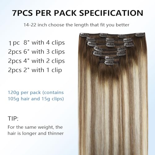 Image of COOKAYU Clip in Hair Extensions Real Human Hair, 18inch 120g 7Pcs 3 /8 /22 Walnut Brown to Ash Brown and Blonde Hair Extensions Clip in Human Hair Thick Silky Straight Extensions