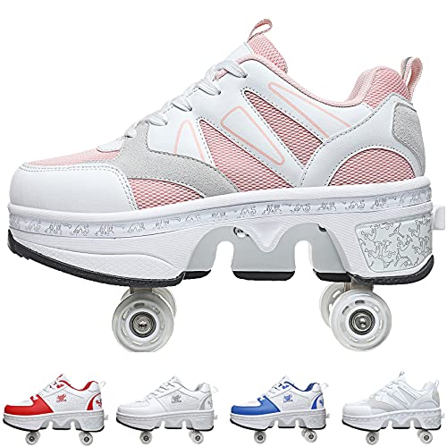 Women's Retractable Roller Skates Outdoor Girls Kick Roller Shoes Men Deformation Sneakers,Mesh Powder(网布款粉)-EU 37/US 6.5