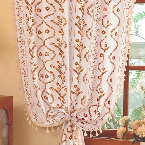 Image of Vintage Patterned Fall Boho Curtains for Living Room 96 Inch,Rustic Country Rust Floral Beige Drapes 2 Panels Set,Natural Extra Long Farmhouse Kitchen Bedroom Window Decor