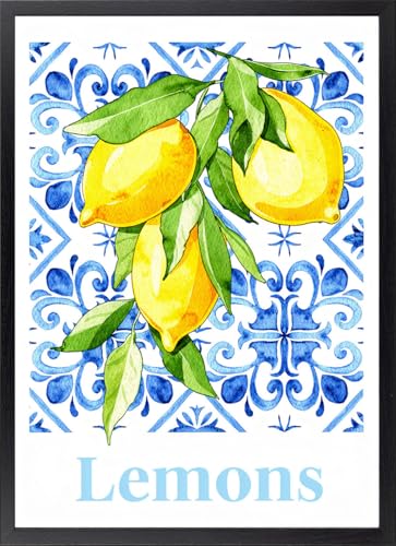 Fine Artic Cuadro de Limones en la Cocina   Poster de Frutas con Marco de madera Negro   Arte mural de Estética Mediterránea decoración de Comedor   Lámina enmarcada de Azulejos