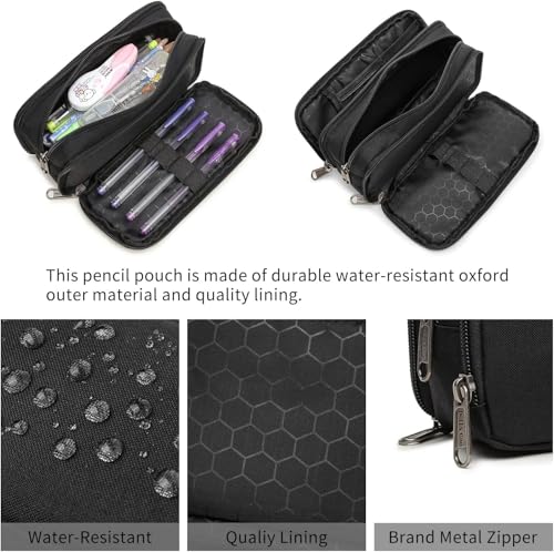 Image of Della Gao Large Capacity Pencil Case, Aesthetic Pencil Pouch with 3 Compartments Nylon Storage Pen Bag Office Stationery Organizer for Women and Men(01-3BK)
