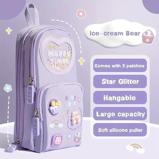 Image of Invite Enterprise Three Layer School Bag-Shaped Pencil Pouch, Large-Capacity Pencil Pouch with Zipper, Multipurpose Pen & Pencil Case for School Supplies for Boys & Girls (Purple - Happy Time Pouch)